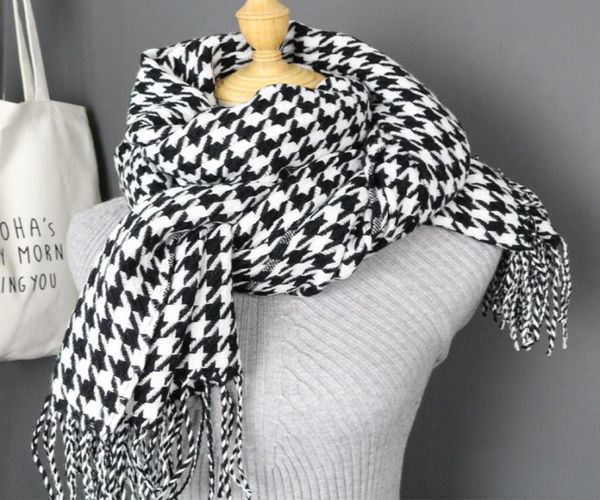 

women winter thick fashion soft warm lady cashmere white and black long houndstooth scarf with tassel y2001032929597, Blue;gray