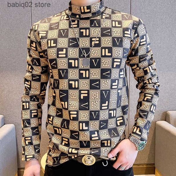 

men's t-shirts 2022 fall men turtleneck fashion brand men long-sleeved pullover casual personality pattern comfortable funny tee shirts, White;black