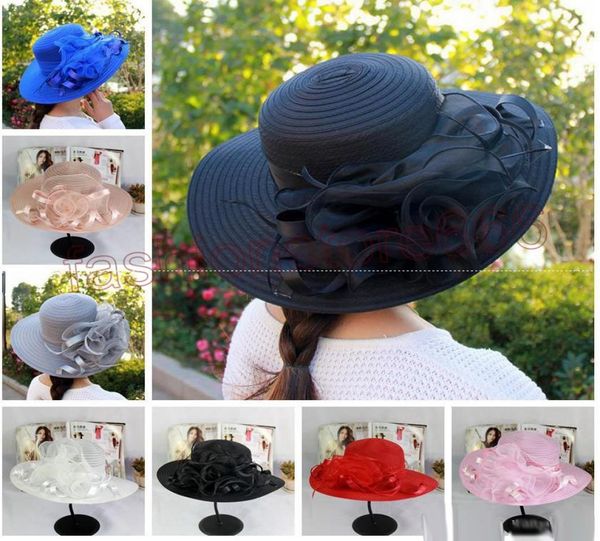 

new womens kentucky derby wedding church party floral hat elegant wide brim sun summer hats organza hats for women 7 colors qu1470415, Blue;gray