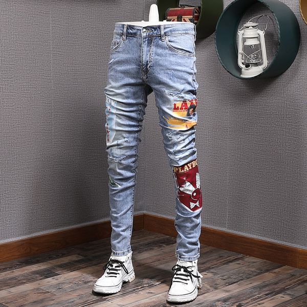 

23ss designer jeans purple brand jeans high street purple retro paint spot slim feet micro elastic jeans men brand hip-hop fashion zipper ho, Blue