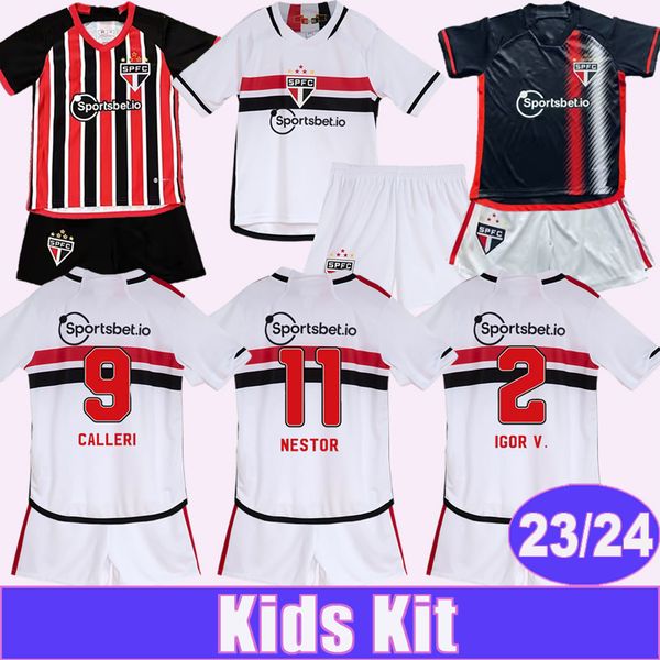 

23 24 sao paulo kids kit soccer jerseys arboleda calleri gabriel nestor diego costa home away 3rd child suit football shirt short sleeve uni, Black;yellow
