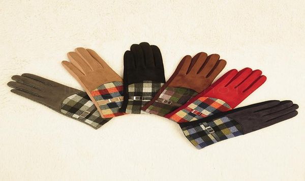 

6styles plaid suede gloves women cycling mittens winter autumn check warmer outdoor drive warm mittens grid finger gloves 2pcslot6116054, Black