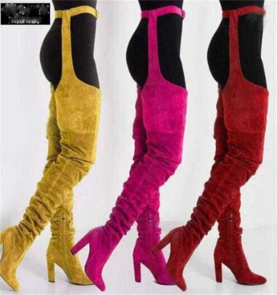 

women039s knee and waist boots 2021 foreign trade new pure color suede fashion personalized pointed thick heel fashion boo7694962266, Black