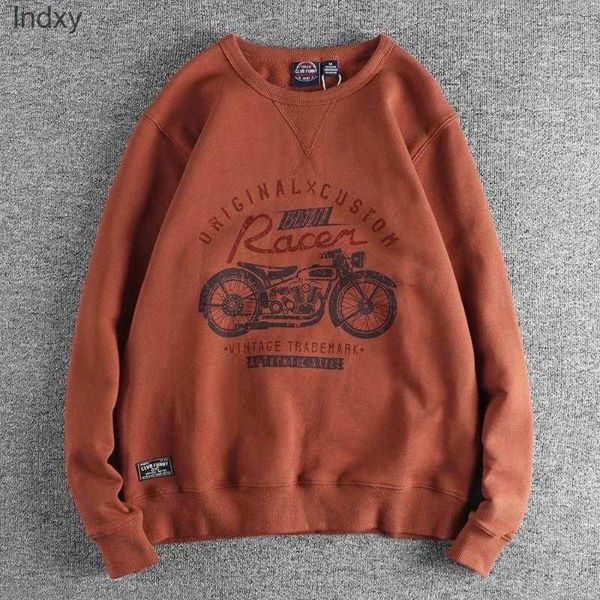 

men's hoodies vintage motorcycle print hoodie heavyweight long sleeve winter round neck sweatshirt with fleece lining, Black
