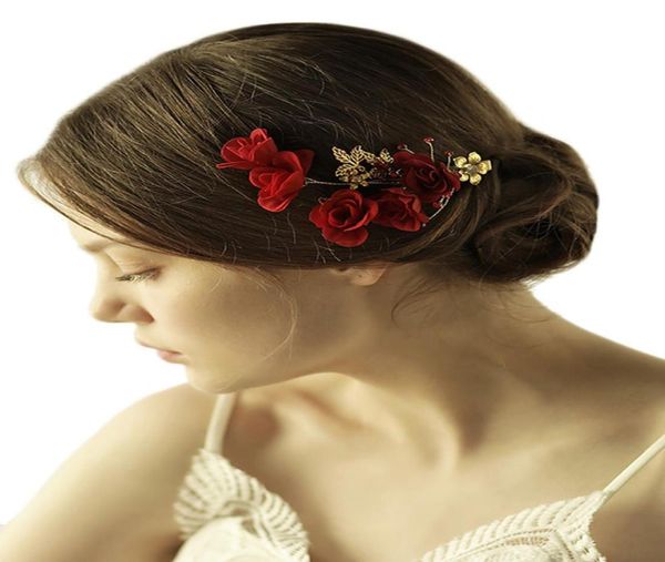 

vintage handmade red rose hair clip golden leaf rhinestones flower headpiece bridal wedding accessories9304340, Slivery;golden