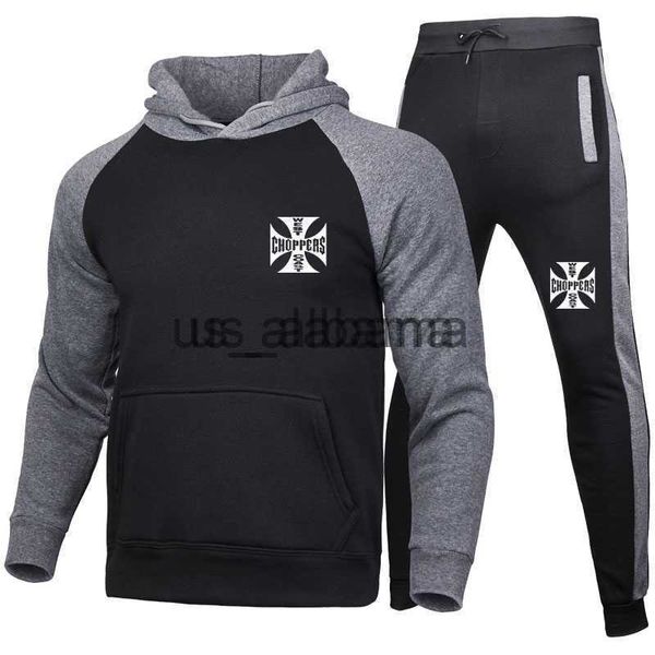 

men's tracksuits new men's sweatshirt set west coast print fleece contrast color hooded sweatshirt + sweatpants hip hop set x0907, Gray