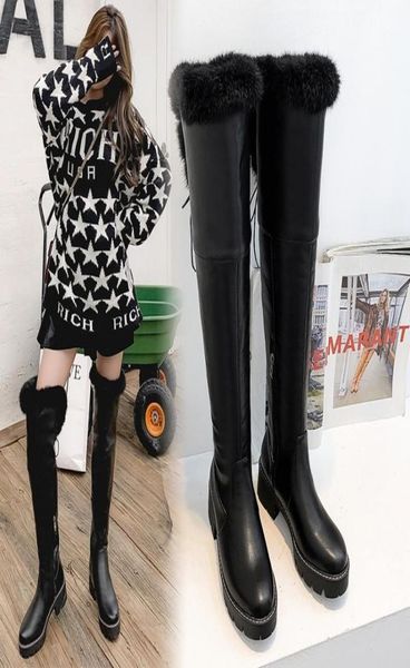 

boots winter boot women warm overtheknee round toe real hair ladies fashion thigh high snow waterproof botas19855783, Black