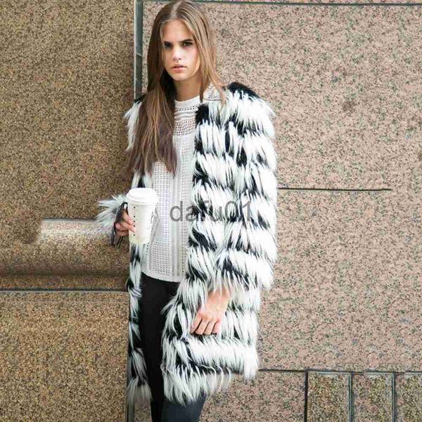 

women's fur faux fur winter new women's faux fur coat black and white stitching mid-length simple warm jacket ladies fashion class