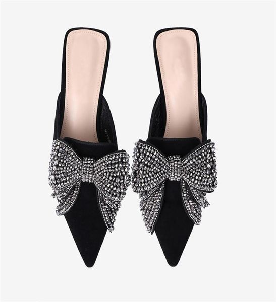 

2020 summer new pointed toe half slippers female highheeled mules shoes stylish crystal bow women high heel sandal slides shoes5486760, Black