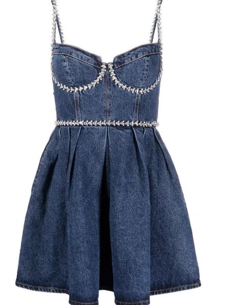 

early autumn 2023 new self self- po- tra-it design rhinestone shoulder strap denim sling dress elegant celebrity denim dress, Black;gray