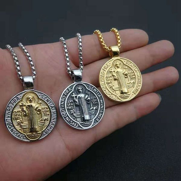 

pendant necklaces stainless steel catholic patron saint st benedict of nursia holy medal round pendant necklace for men jewelry drop 230907, Silver