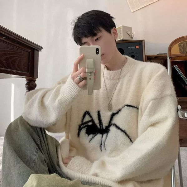 

men's sweaters american retro soft waxy round neck sweater for men women y2k winter ins lazy wind loose casual thick couple sweater jac, White;black