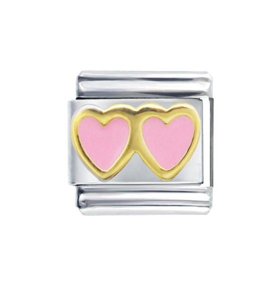 

whole stainless steel 9mm classic size composable links adjustable love you pink enamel double hearts italian charm bracelet l7718018, Black