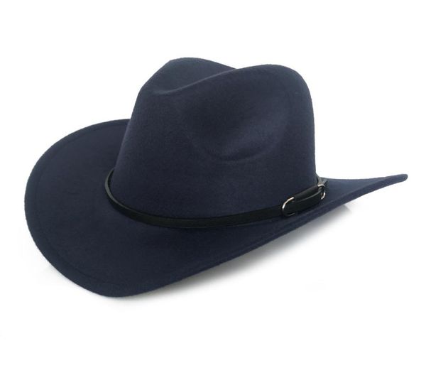

wide brim western cowboy cowgirl hat men women wool felt fedora hats leather belt band panama cap1691372, Blue;gray