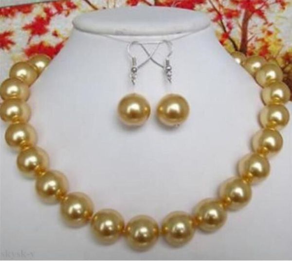

10mm natural yellow round south sea shell pearl necklace 18039039 earrings set7307284, Black
