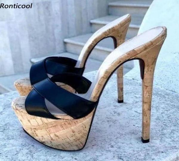 

rontic handmade women mules sandals slippers cork stiletto heels open toe elegant black casual shoes us size 5206009280