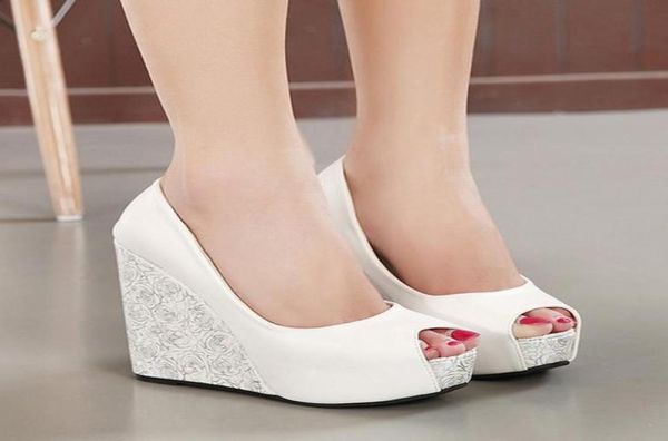 

new white wedge heel bride wedding shoes blue peep toe high heel platform bridesmaid shoes 2 colors size 34 to 395626347, Black