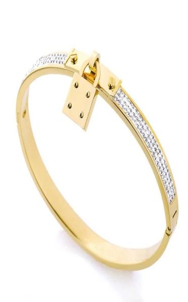 

luxury designer jewelry women bracelets stainless steel cuff bracelet pave silver rose gold tone charms lock bangle je1451966, Black
