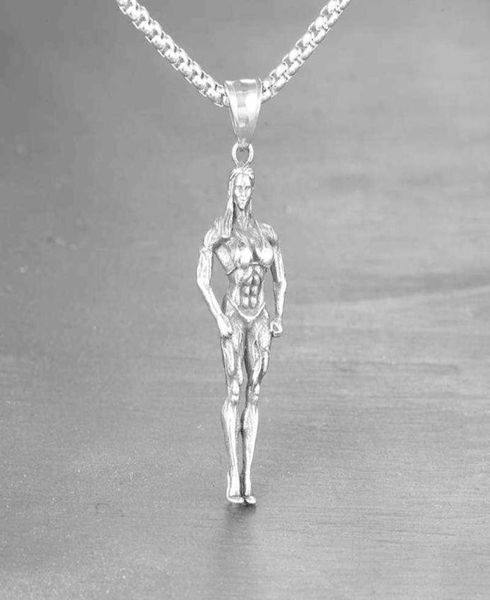 

creative bodybuilding muscle woman pendant necklace suitable for men and women sports and leisure fashion jewelry g12068568647, Silver