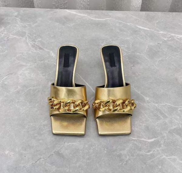 

2022the latest fashion in spring and summer metal chain slippers square toe leather comfortable black pink 55cm open toe sandals 2489920