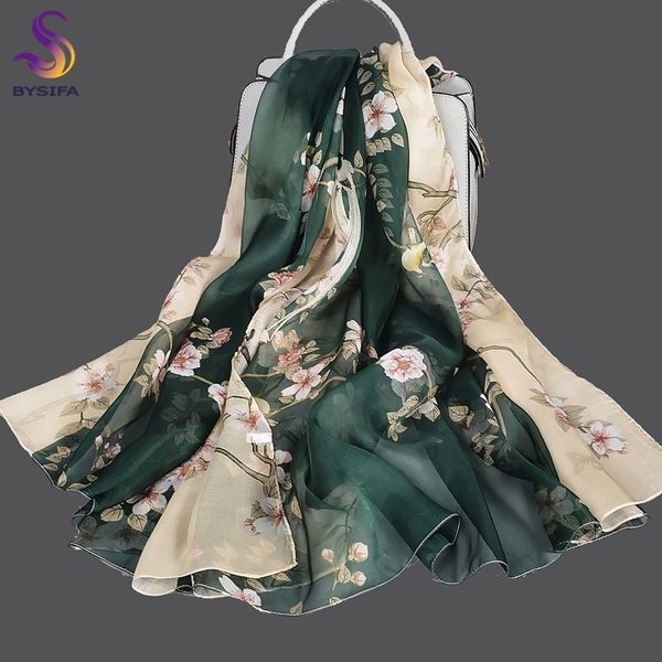 

scarves bysifa green beige 100% mulberry silk scarf cape summer floral design chiffon long scarves beach shawl ladies scarves echarpes 23090, Blue;gray