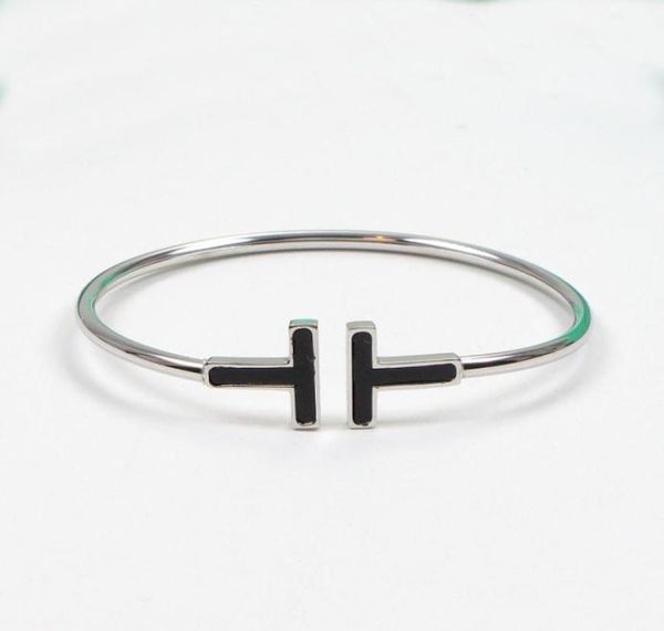 

home double bangle gold and silver bracelet 925 sterling plated 18k rose gold bracelets tshaped open spring adjustable6305799, Black