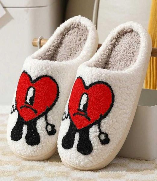 

custom cute red heart bad bunny slippers slides ladies winter indoor warm house9045387, Black