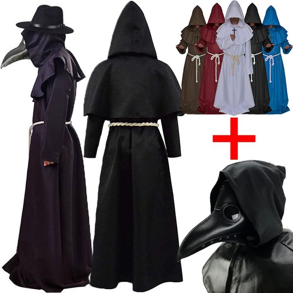 

special occasions halloween medieval hooded robe plague doctor costume hat for men monk cosplay steampunk priest horror wizard cloak cape 23, Blue