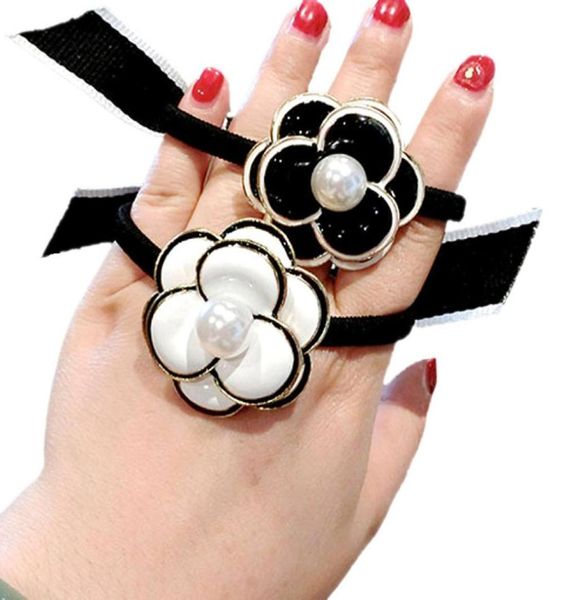 

black white enamel flower camellia elastic hair bands bow hair ties imitation pearl women fashion ponytail holder hair accessories3360526, Pink