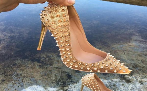 

extra size 33 to 46 luxury shoes gold rivets spikes desiger high heels genuine leather pointed stiletto heels8366430, Black