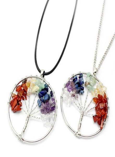 

tree of life quartz pendant necklace rainbow 7 chakra multicolor natural stone wisdom tree leather chain necklace for girls gift4200415, Silver