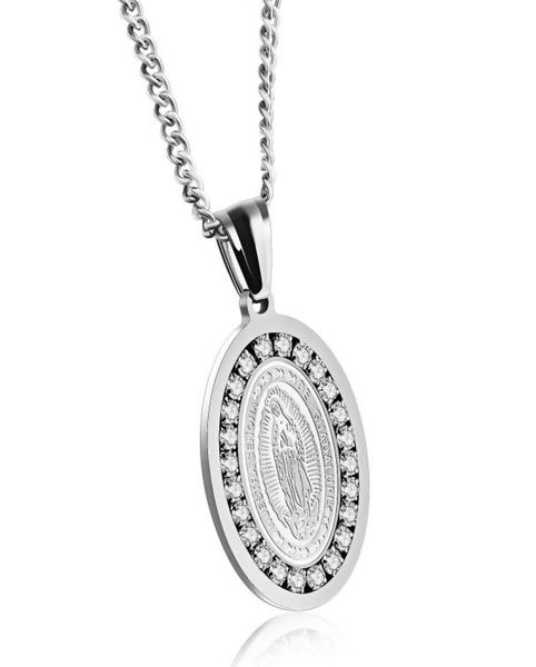 

22x33mm our lady of guadalupe necklace in stainless steel crystal oval medallion charm pendant4872497, Silver