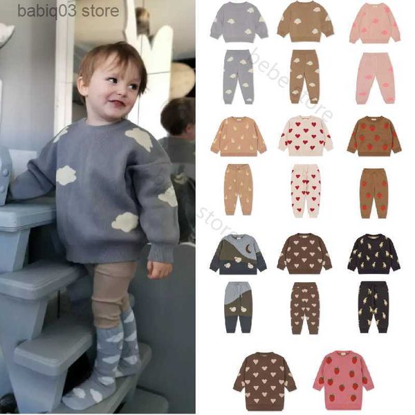 

clothing sets 2022 children's knitted sweater set sweater pants for boys and girls autumn and winter home wear for children konges sloj, White