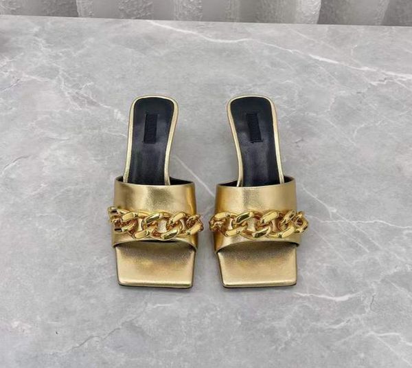 

2022the latest fashion in spring and summer metal chain slippers square toe leather comfortable black pink 55cm open toe sandals 1850245