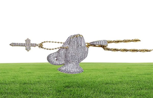 

who hip hop brass gold color iced out cz praying hands pendant necklace jewelry for men women90869143860921, Silver