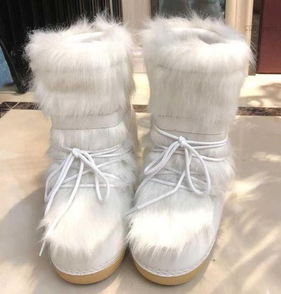 

2022 winter snow boots women ski fluffy hairy lace up middle calf platform flat with white usgue2849592, Black