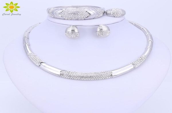 

full crystal jewelry sets silver plated necklace earring bracelet ring choker statement wedding party accessories colar9246610, Slivery;golden