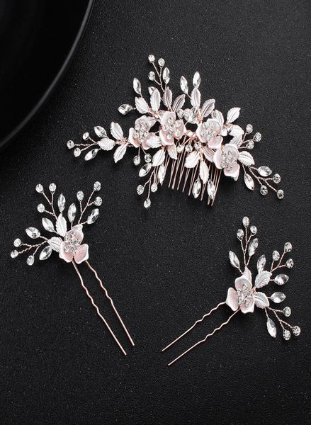 

2018 pink flower women hair comb 2pcs hairpins handmade wedding hair accessories crystal bridal hairpieces jewelry jch1934824749, Golden;white
