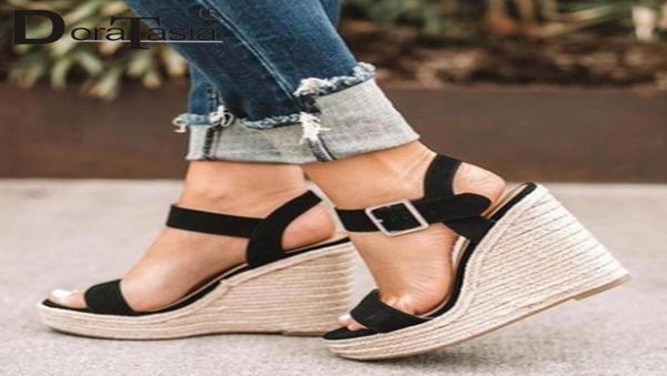 

ladies street super high wedges sandals brand straw soles women elegant shallow platform shoes woman9153226, Black