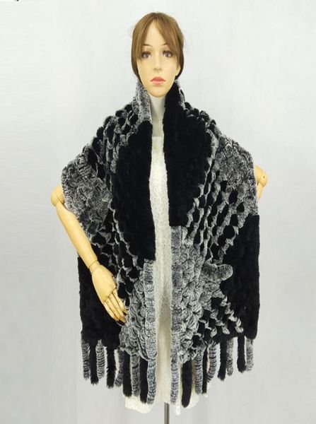 

winter knitted real rex rabbit fur scarf with pocket wide women natural rabbit fur tassel shawl warm long fur scarves lj2011112462527, Blue;gray