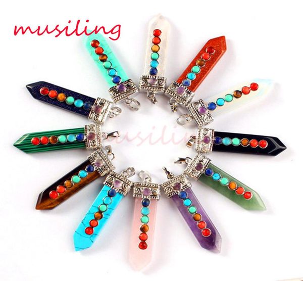 

natural gem stone set 7 chakra beads sword pendants energy balance reiki pendulum charms healing chakra amulet jewelry mix order6018095, Silver