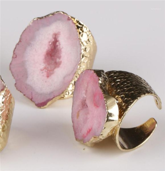 

big gold rose pink pink plum salmon color geode crystal stone slice bead charm adjust open hammered ring cuff for woman man12486181, Golden;silver