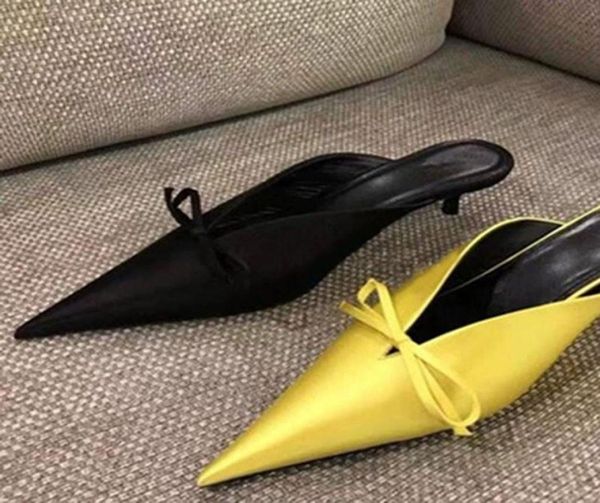 

slippers yellow black slip on knife toe women mules butterfy knot satin leather shoes kitten heels outdoor fashion9962390