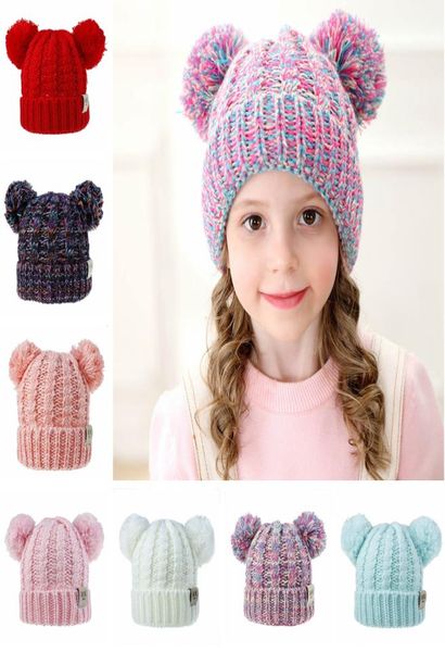 

kid knit crochet beanies hat girls soft double balls winter warm hat 12 colors outdoor baby pompom ski caps tta15982912428, Blue;gray