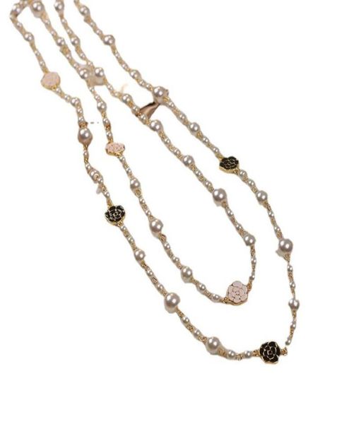 

chains luxury camellia multilayer long pearl necklace brand design rose flower sweater chain for woman4213083, Silver