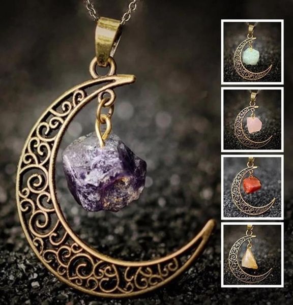 

vintage galaxy moon natural stone transparent opal necklace pendants crystal crescent purple antique bronze purple necklace2173238, Silver