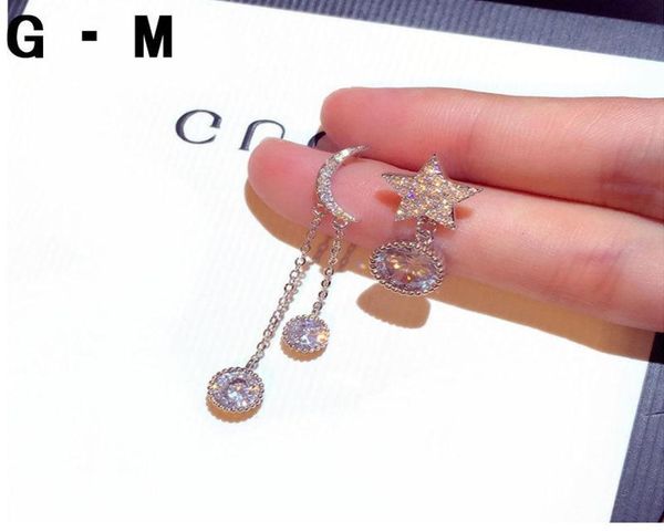 

stud cute korean earrings silver color moon star long with bling zircon stone for women fashion jewelrystud4914479, Golden;silver
