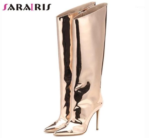 

sarairis pointed toe super high boots women thin heel silver metallic boots ladies shoes13864493, Black