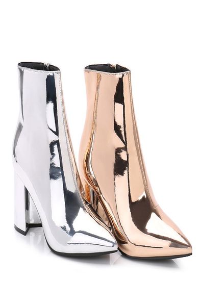

womens pu leather ankle boots glitter chunky high heel pointed toe side zipper shoes black gold sliver british style c2725462659