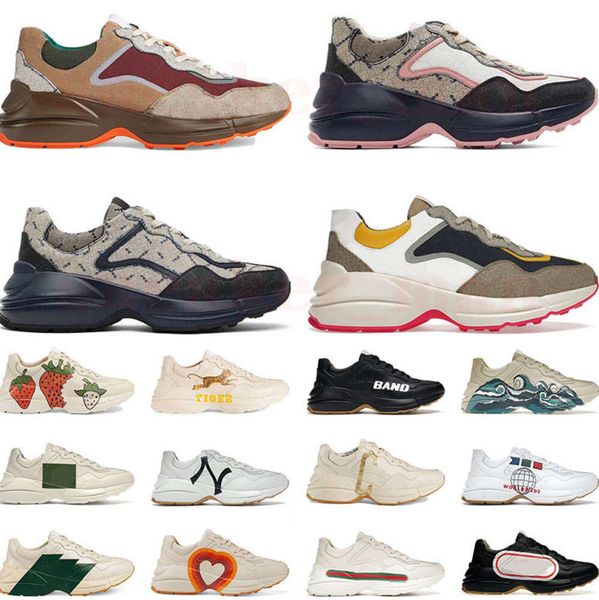 

designer rhyton sneakers casual gg guccis shoes platform skateboard leather embroidery thick soled chunky for men women vintage brand letter, White